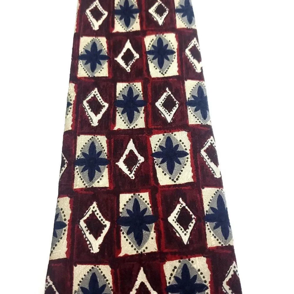 Van Heusen 417 Red Beige Silk Tie‎ Woven Geometric Wide
